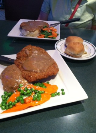 Chicken fried steak, mashed potatoes with brown gravy and mixed vegetables at the Plaza Café.