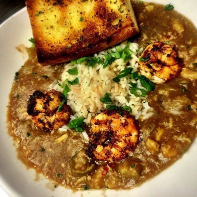 Seafood gumbo with blackened gulf shrimp at Five Bar.