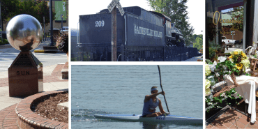 Places and Activities (from left clockwise): The Sun beginning of the Solar System Walking Tour. The No. 209 of the Gainesville Midland rail system in downtown. Occasions Florist on the Square. Kayaking in Lake Sidney Lanier. 